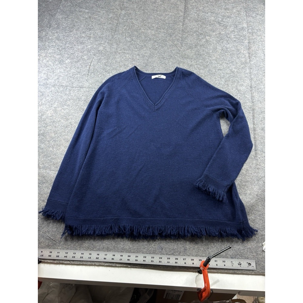 SUBTLE LUXURY Women's S/M V-Neck Fringe Tunic Sweater 100% Cashmere Blue HOLES*